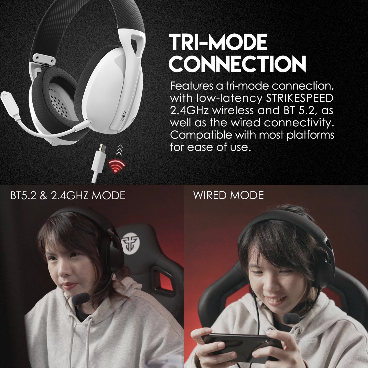 FANTECH WHG01 TAMAGO Gaming Headphones 2.4Ghz BT5.2 and 7.1 Surround Headset with Microphone Call Noise Reduction for PS5 Gamer